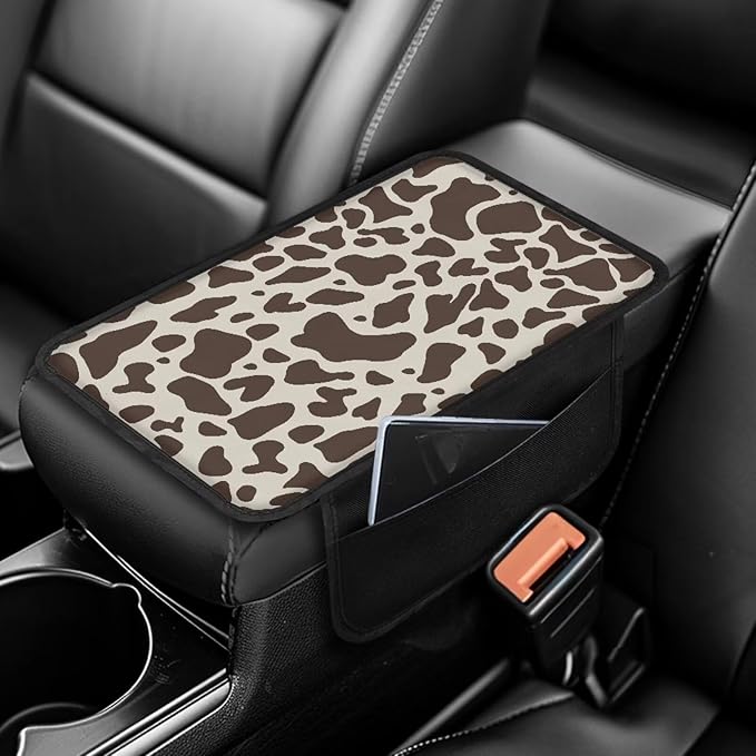 Dreaweet Brown Cow Print Center Console Cover Cute Car Accessories for Women,Car Console Covers with Pockets Car Armrest Cushion Cover Easy to Install Arm Rest Cover for Car Truck Van