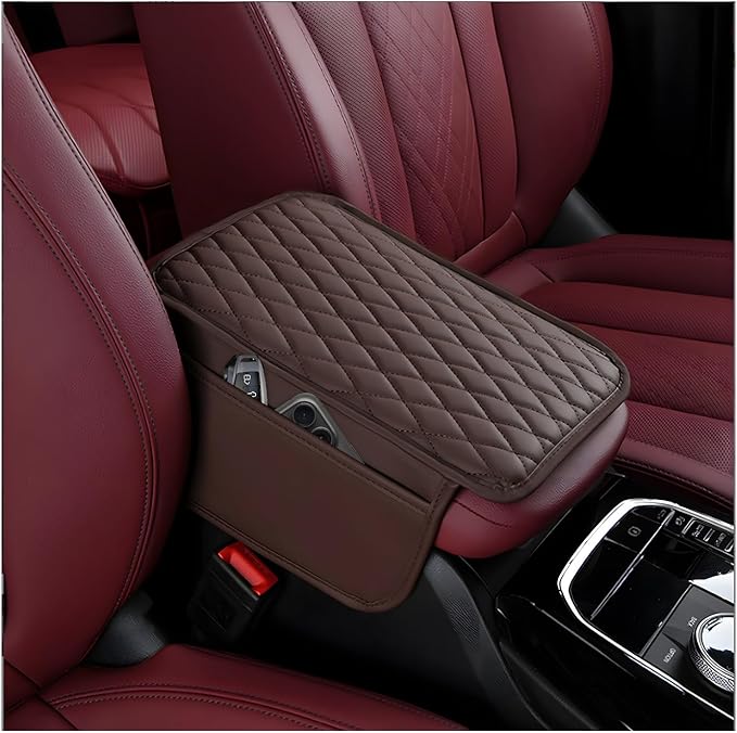 Car Center Console Cover, Waterproof Leather Arm Rest Cushion Pad with 2 Storage Bags, Anti-Scratch Armrest Seat Box Protector Interior Accessories for Most Vehicles (Coffee)