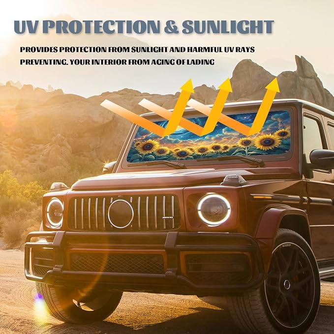 Starry Sunflower Car Window Sun Shield Dreamy Universe Blue Sky Stars Front Window Sun Shade Blocks UV Rays Sun Visor Protector for Car Sedan Truck SUV Accessories 59" L x 31.5" W