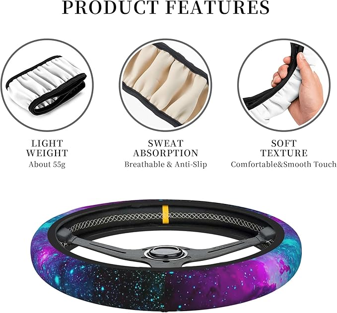 Blue Galaxy Steering Wheel Cover for Women Men Girls, Universal 15 Inch Purple Anti Slip Steering Wheel Protector Car Accessories Interior for Auto Truck SUV