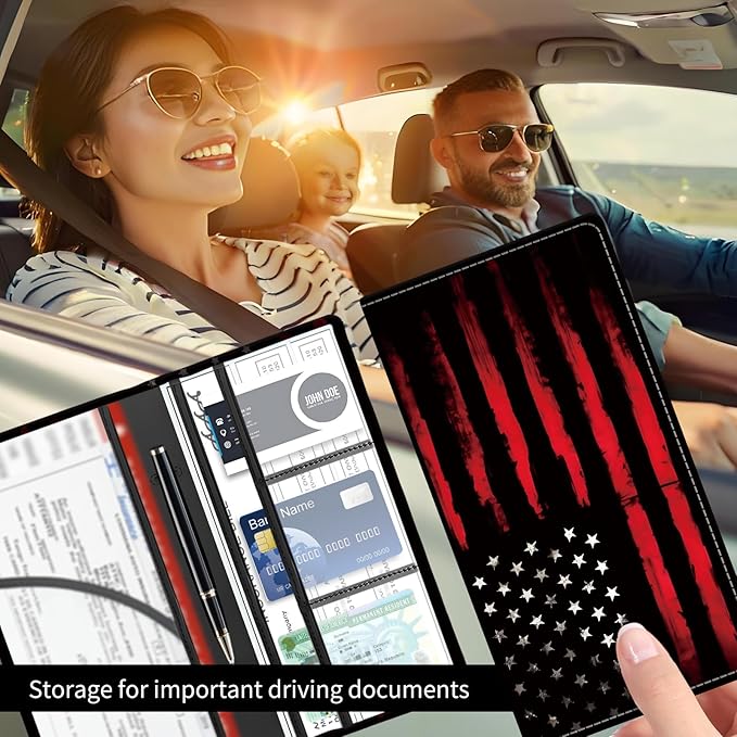 BAUCIWLD Premium Car Registration and Insurance Card Holder, Cute PU Leather Car Document Holder, Vehicle Glove Box Car Organizer with Magnetic Closure for Driver License, Cards Black Red Flag