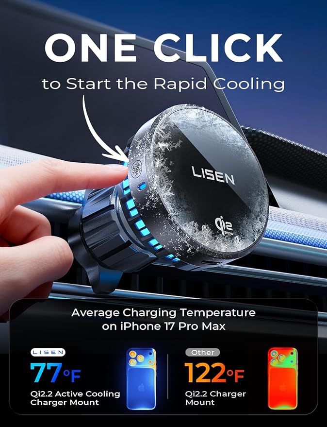 LISEN Qi2.2 25W MagSafe Car Mount Charger [2026 Upgraded with TEC Cooling] Qi2.2 25W Wireless Car Charger Magnetic Car Phone Holder Charger,Magsafe Charger for iPhone 17/16/15/14/13/12,Samsung S26/S25