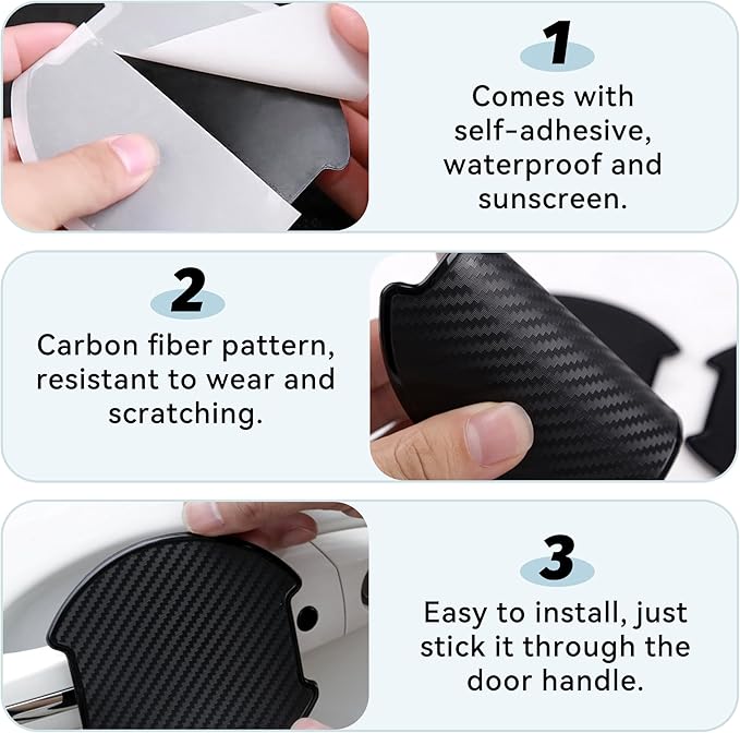 4Pcs Car Door Handle Stickers, 3D Carbon Fiber Texture Auto Door Cup Protective Film, TPU Scratch Protector Cover Guard Pad, Vehicle Door Bowl Paint Cover for Most Models(2.95''×3.93'')