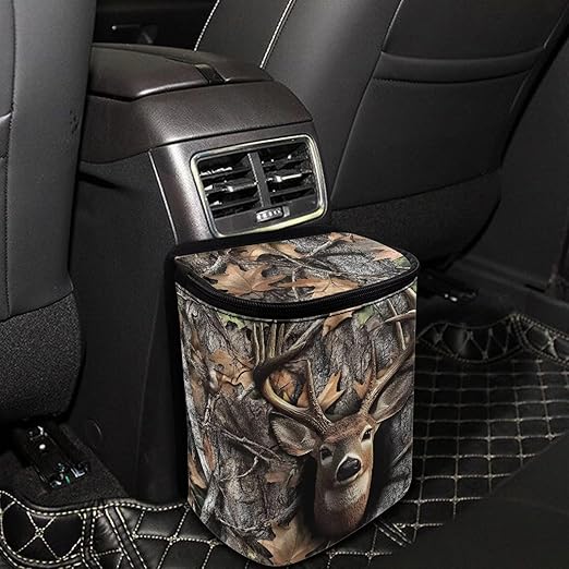 Talayituse Deer Hunting Camo Print Car Trash Can with Lid, Leak Proof Auto Trash Bag Hanging Vehicle Garbage Can Multipurpose Storage Container for Back Seat Road Trip