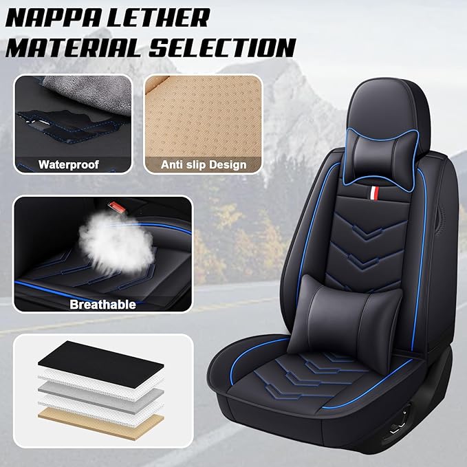 MVRVMV Seat Covers for Ford Expedition 2007-2026, Waterproof Leather Auto Seat Cover with 2* Neck Pillow and 2* Lumbar Support (2 Seat Luxury,Black-Blue)