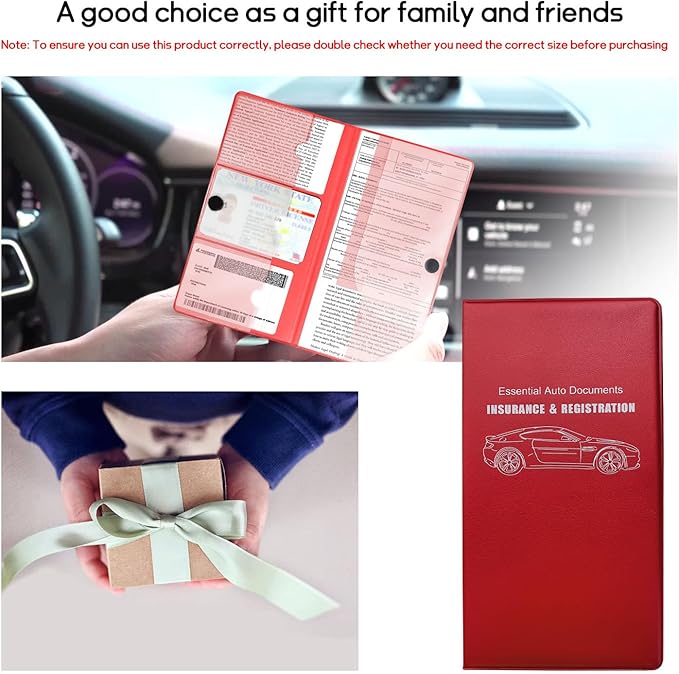 Car Registration and Insurance Holder, 10.39''×9.56'' Essential Auto Card Document Glove Box Organizer with Closure, Car Interior Accessories (Red, Large Car)