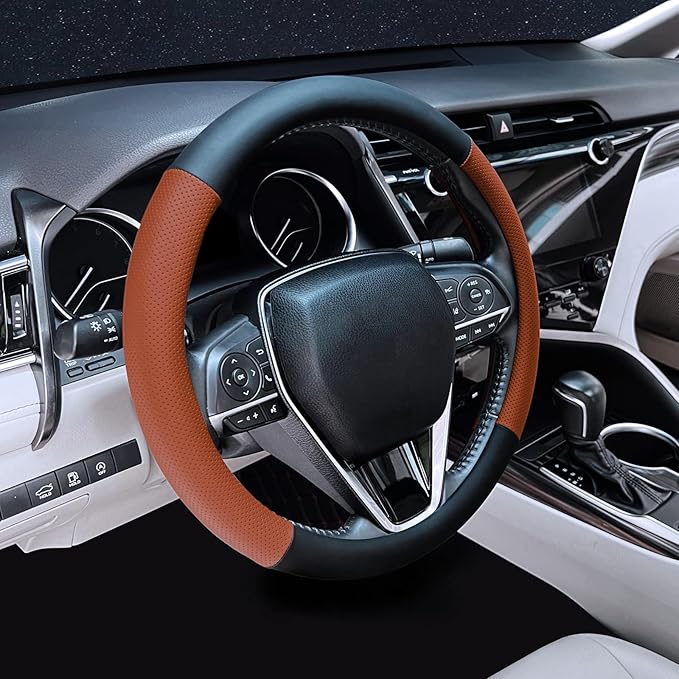 Mihecor Steering Wheel Cover Standard Size 14.5-15 inch, Non-Slip Car Wheel Cover Protector, Breathable Microfiber Leather, Black and Orange