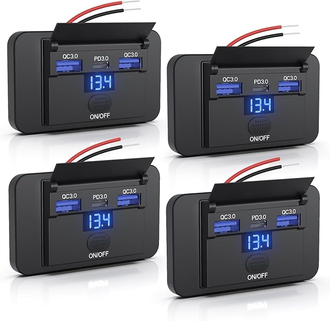 4PCS Gibbab 72W 3 Ports 12V RV USB Switch Outlet with Voltmeter, 36W PD3.0 Type-C Quick Charge + 2*18W QC3.0 Panel Wall Mount Car Charger Socket Automotive Multi-Port Adapter for Marine Truck Boat Bus