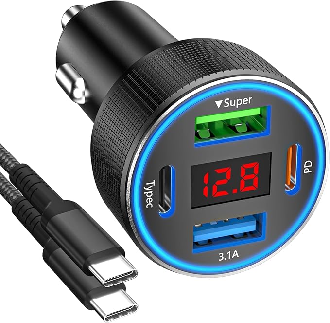 Car Charger with USB C Cable, 78W 4 Port Car Phone Charger Adapter Fast Charging, Dual USB C Car USB Adapter for iPhone 17 16 15 14 13, iPad, Samsung Glaxy, Android (Black & Cable)