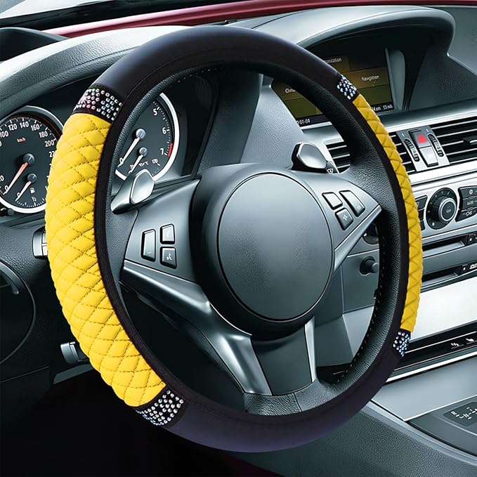 Bling Soft Leather Steering Wheel Cover, 15" Anti-Slip Sparkly Crystal Auto Elastic Steering Wheel Protector for Women Girl, Colorful Diamond Car Interior Accessory for Most Cars (Yellow)