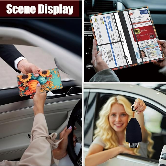 Car Registration Holder, PU Leather Vehicle Glove Box Organizer for Driver License, Document, Car Insurance Holder with Magnetic Shut, Auto Paperwork Wallet Accessories, Autumn Pumpkin Maple Leaves