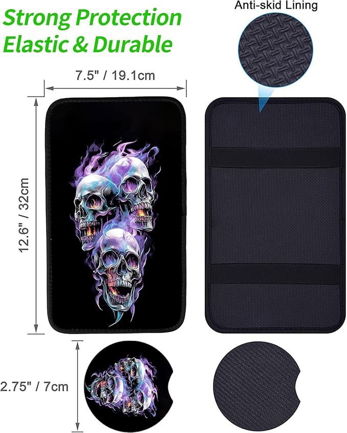 JANENFNA Car Armrest Cover Pads Universal Fashion Cute Auto Center Console Armrest Cover Pad with 2PCS Car Coasters Soft Waterproof Car Armrest Seat Protector for Women,Flame Skull