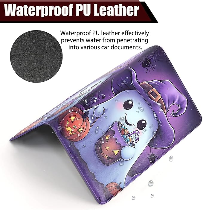 Car Registration Holder, PU Leather Vehicle Glove Box Organizer for Driver License, Document, Car Insurance Holder with Magnetic Shut, Auto Paperwork Wallet Case Accessories, Cute Ghost + Witch Hat
