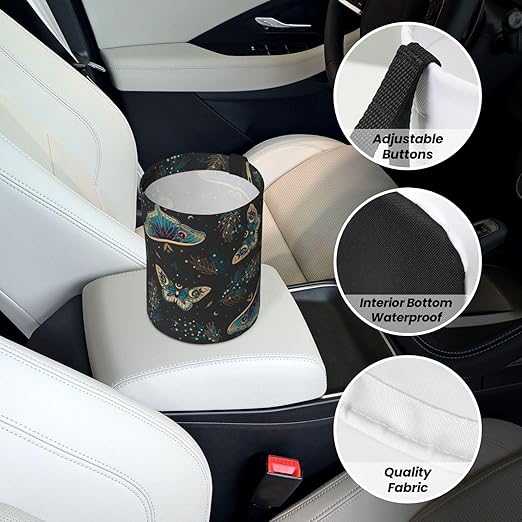 KXWQTRDD Car Garbage Bag Boho Butterflies Stars Mini Car Trash Bin Portable Collapsible Waterproof Rubbish Bag for Car Accessories Back Front Seat Cup Holder