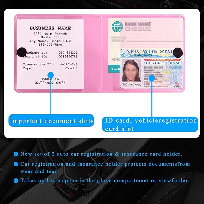 Kewucn 4 PCS Car Registration Insurance Holder, Essential Auto Card Glove Box Organizer, Vehicle Interior Accessories Perfect for Most Car, Truck, SUV (10.55''×4.8'', Pink)