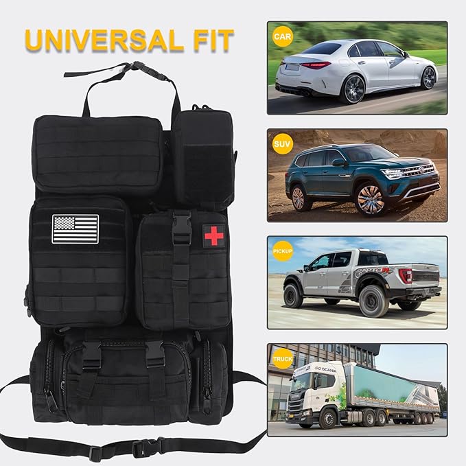 Universal Tactical Car Seat Back Organizer Bag Tactical Molle Vehicle Organizers Panel Gear Accessories with 5 Different Size Molle Pouches for Car Truck Ford Jeep Vehicle (A style-Black)