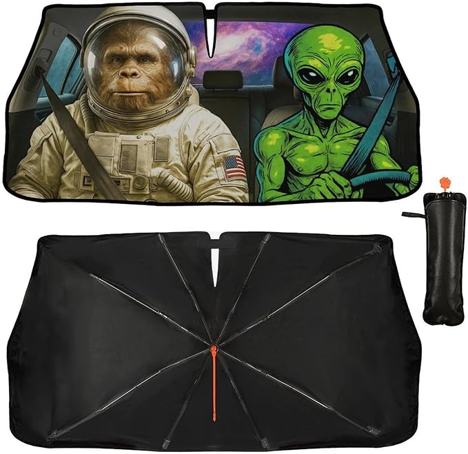 DOPINDU Funny Alien Astronaut Car Windshield Sun Shade Umbrella Bendable Handle Foldable Funny Sunshade for Car Windshield Block UV Rays Keep Vehicle Cool for Most Sedans SUV Trucks Cars 57"x30"
