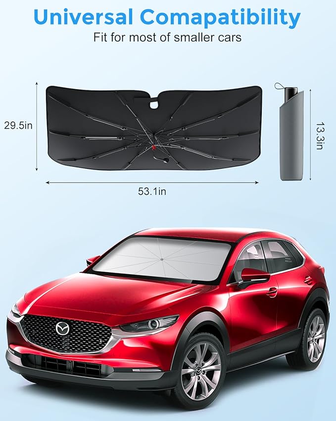 [Upgrade] DMJN Umbrella Windshield Sun Shade, [Nano-Ice-Crystal Coatings] Umbrella Sunshade for Car - Protect Interior from UV & Keep Car Cooler (Small)
