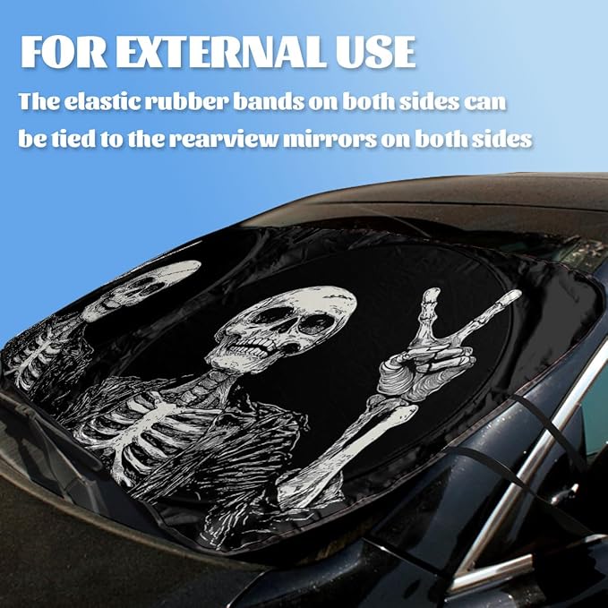 Funny Skull Car Windshield Sunshades Retro Rock Gesture Skull Halloween Front Window Sun Shade Blocks UV Rays Sun Visor Protector for Car Sedan Truck SUV Accessories 59" L x 31.5" W
