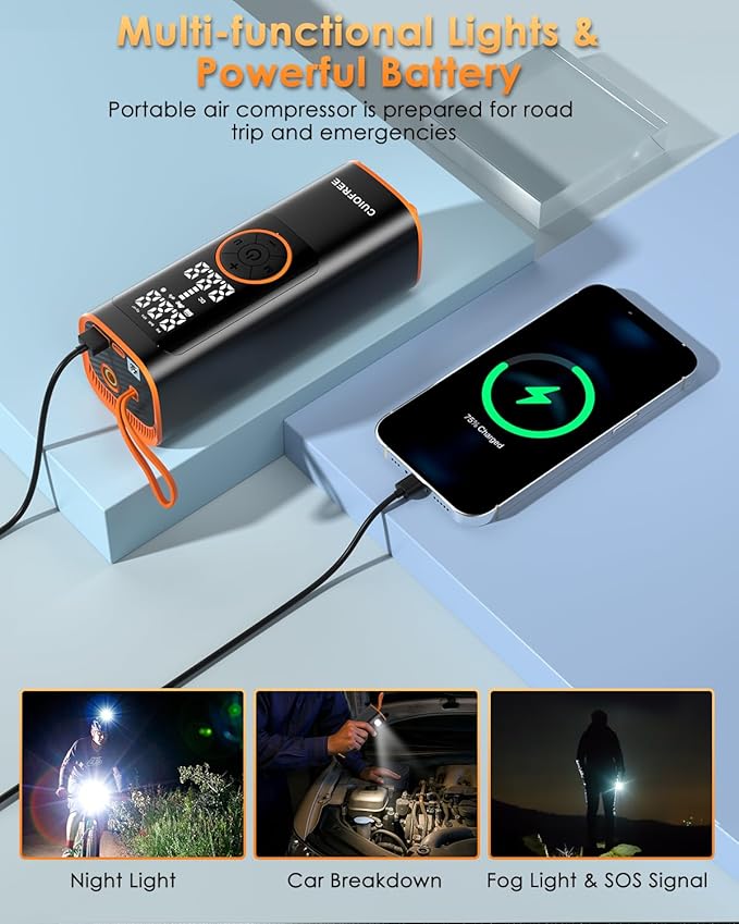 CUIOFREE Portable Tire Inflator for Car, Cordless Tire Inflator Portable Air Compressor with Digital Pressure Gauge,150PSI Dual Power, Portable Air Pump for Car Tires, Motorcycle, Bicycle, Bike, Ball