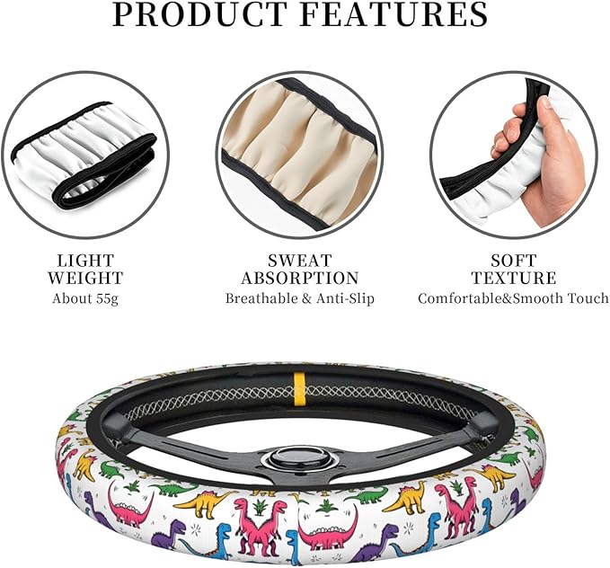 Rainbow Watercolour Dinosaurs Neoprene Steering Wheel Covers Women Men Car Accessories, Universal 15 Inch Fit Auto, Suvs, Truck