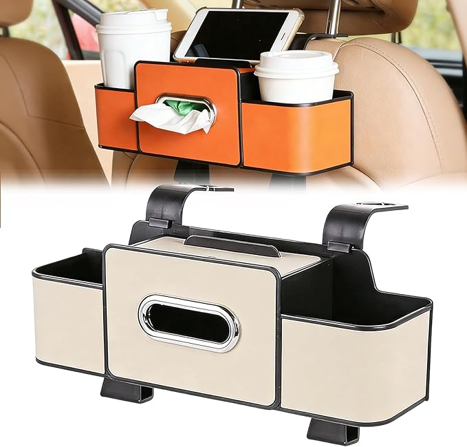 NOSBING Car Organizer And Storage Box, Back Seat Car Organizer, 5 in 1 Multifunctional Car Back Seat Storage Box with Drink Cup Holder Tissue Box, for Hold Phone,Snacks, Drinks, Handbag (Beige-A)