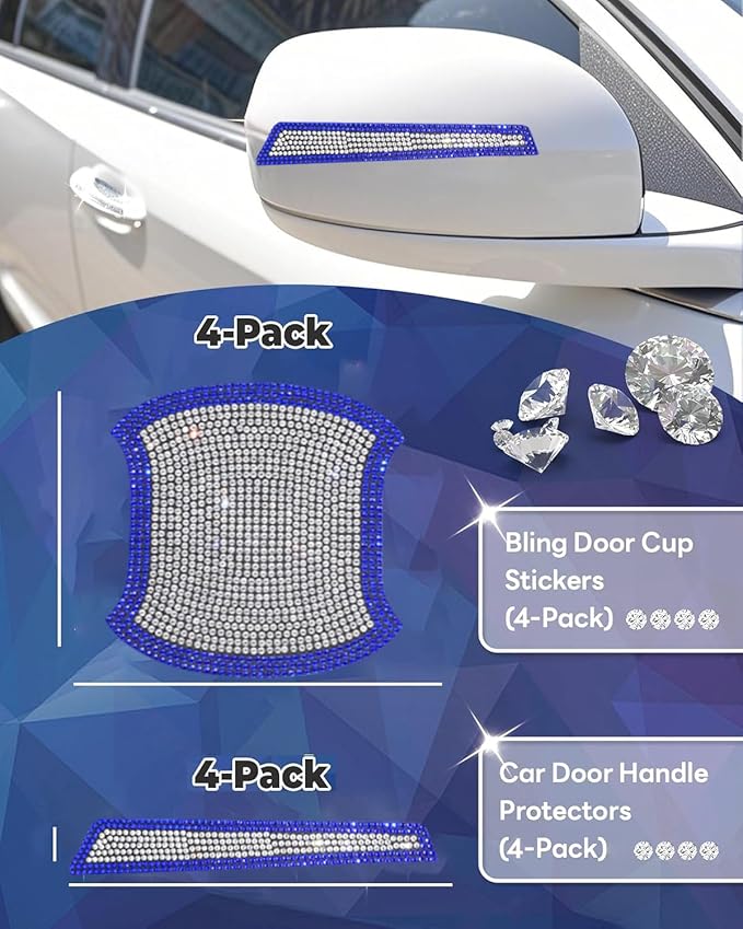 8Pcs Bling Car Door Handle Protector Stickers,Crystal Rhinestone Glitter Car Door Handles Cup Scratch Protectors Decals Universal (Blue White)