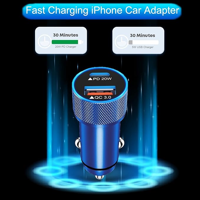 iPhone Car Charger, 2Pack Blue Apple Fast Car Charger iPhone [Apple MFi Certified] Dual Port PD&QC 3.0 Cigarette Lighter iPhoneCar Charging Adapter Lightning Cable for iPhone14/13/12/Pro Max/AirPods