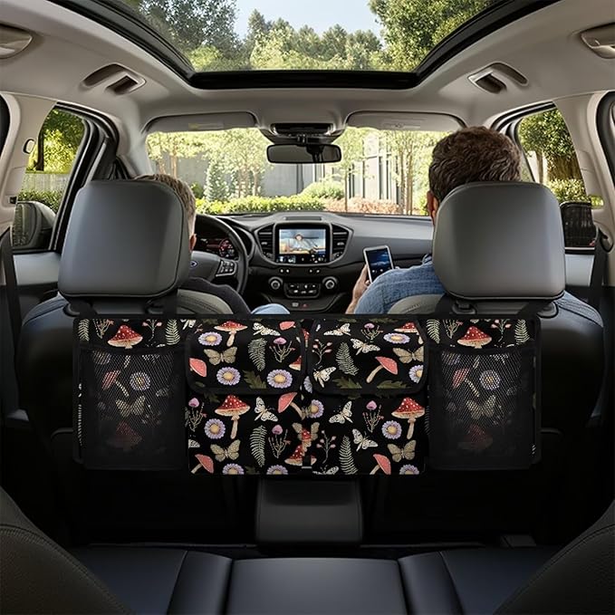 Mushroom Car Trunk Organizer, Butterfly Large Capacity Backseat Trunk Organizer with 4 Pocket, Backseat Hanging Car Storage Organizer Foldable Cargo Storage with Adjustable Straps