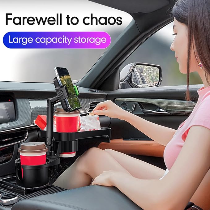 Cup Holder Tray for Car, Upgrade 4 in 1 Adjustable Detachable Car Food Table Tray with Solid Base & Phone Slot,Car Cup Holder Expander with 360°Rotation Tray for Travel Road Essential S