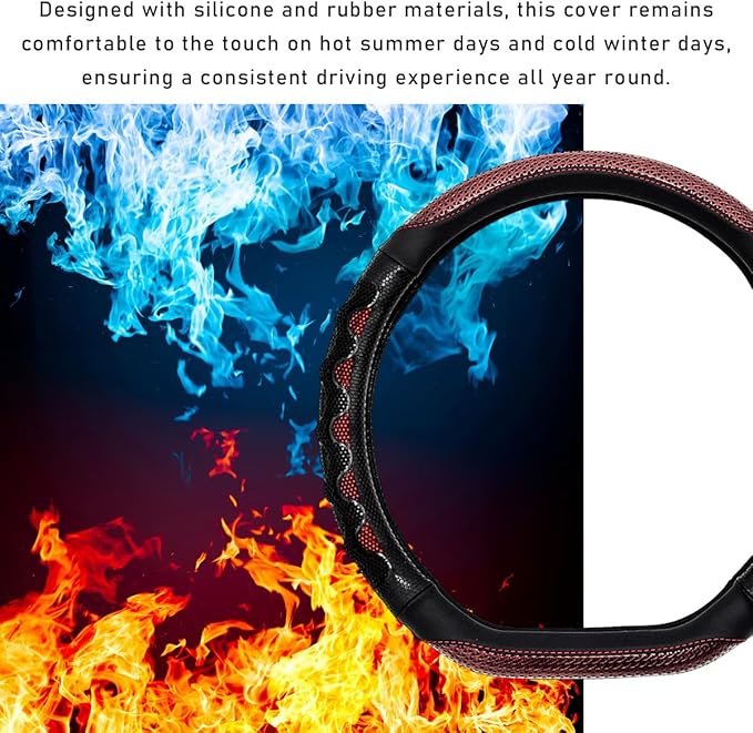 Car Steering Wheel Cover, 15 Inches 3D Honeycomb Design Car Steering Wheel Protector with Comfy Grip, Breathable Anti-Slip D-Shaped Steering Wheel Sleeve for Most Vehicles (Red)