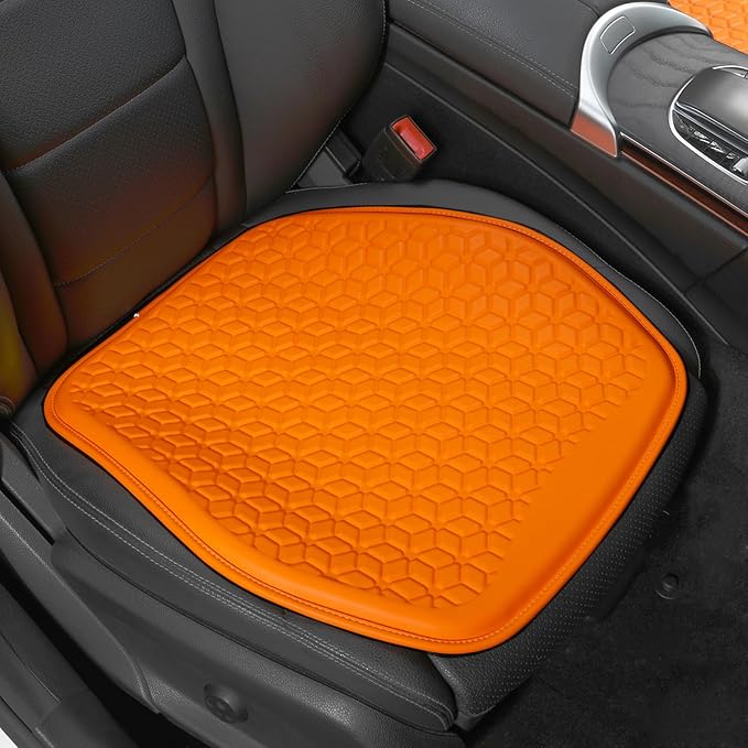 Thin Gel Seat Cushion for Car Seat, Office Chair, Wheelchair, Golf Cart - Non-Slip Car Seat Cushions with 0.7 Inch Gel - Sciatica & Coccyx Pain Relief (Leather, Orange)