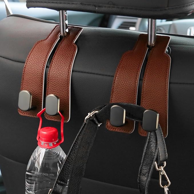 2PCS Car Seat Back Storage Headrest Hooks, Genuine Leather Double Metal Hook for Backseat Organizer for Men Women Car Organization Accessories (Brown -Metal Hook)
