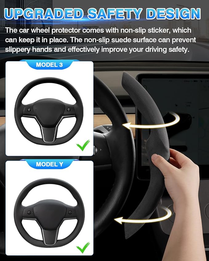 Shademax Custom-Fit for Tesla Steering Wheel Cover, Tesla Model Y / 3 2017-2025 2026 (Fit Model Y Juniper 2026/ Model 3 Highland) Suede Steering Wheel Cover Protector Model Y/ 3 Accessories (Gray)