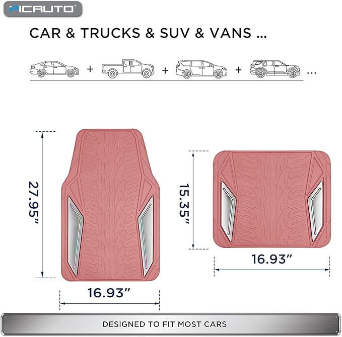 PIC AUTO Pink Rubber Floor Mats, Silver Aluminum Film with Colorful Piping Floor Mats for Cars, Car Mats with Non-Slip Backing, All-Weather, Trim-to-Fit Liner for Cars, SUVs, Trucks, Vehicles