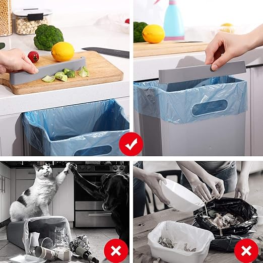 Hanging Collapsible Trash Can - 9L Wall Mounted Foldable Waste Bin for Kitchen Cabinet Door - Quickly Clean Counter, Sink, Bathroom - RV, Car, Camping Folding Garbage Basket (Gray)
