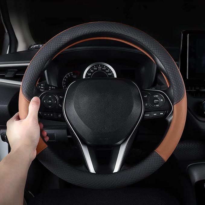 Auto Car Genuine Leather Steering Wheel Cover Anti Slip Wrap 15" (Brown)