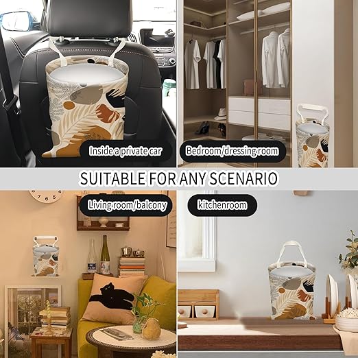 AUEKLLW Car Trash Can, Hanging Garbage Bin for Men and Women, Cute Car Organizer and Storage Bag, Canvas Vehicle Trash Can Bag Easy-to-Install Boho Leaves