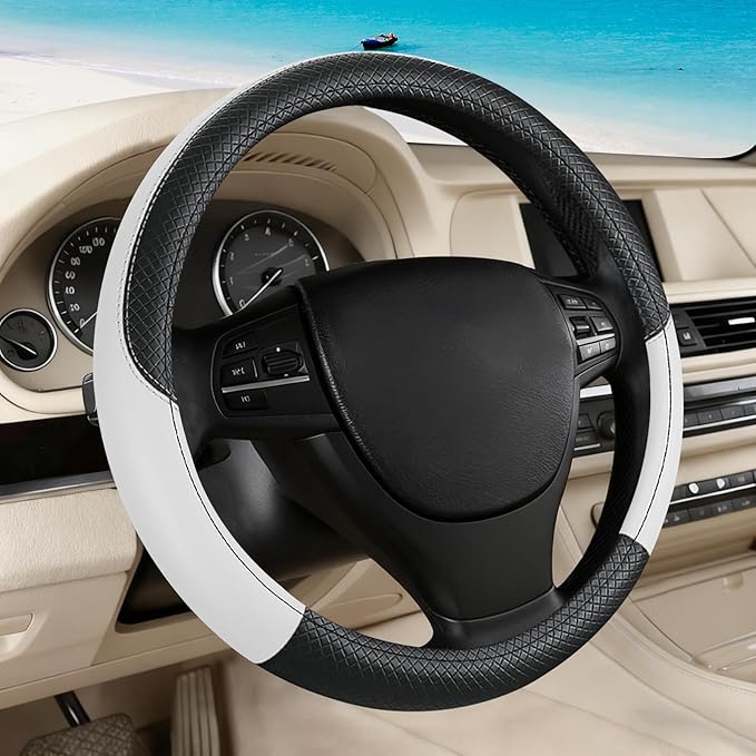 Black & White Car Steering Wheel Cover, Microfiber, Leather Patchwork, Universal 14.5-15 Inch Leather Anti-Slip Breathable Auto Steering Wheel Covers for Men Women
