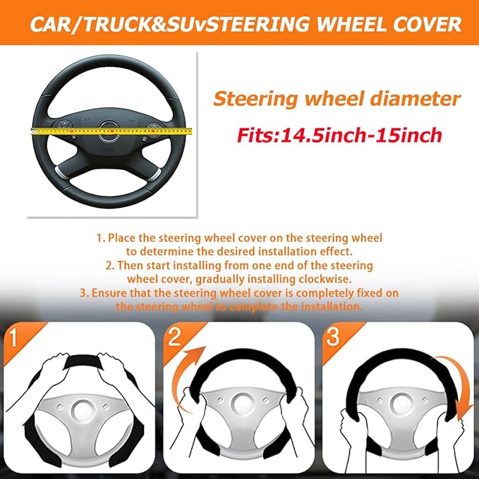 Carbon Fiber Car Steering Wheel Cover, Leather Non-Slip Vehicle Steering Wheel Cover for 14.5-15 Inch, Comfortable Auto Interior Protector Decoration Accessories, Universal Fit(Black)