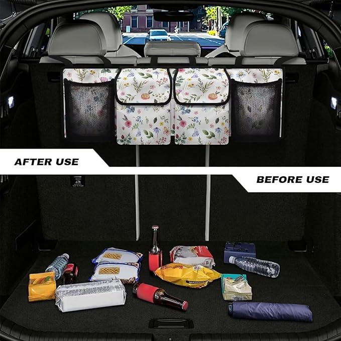 Car Trunk Organizer and Storage, Backseat Hanging Organizer for SUV, Truck, MPV, Van, Sedan, Waterproof Cargo Storage Bag with 4 Pockets, Leaves Flower Car Accessories for Women