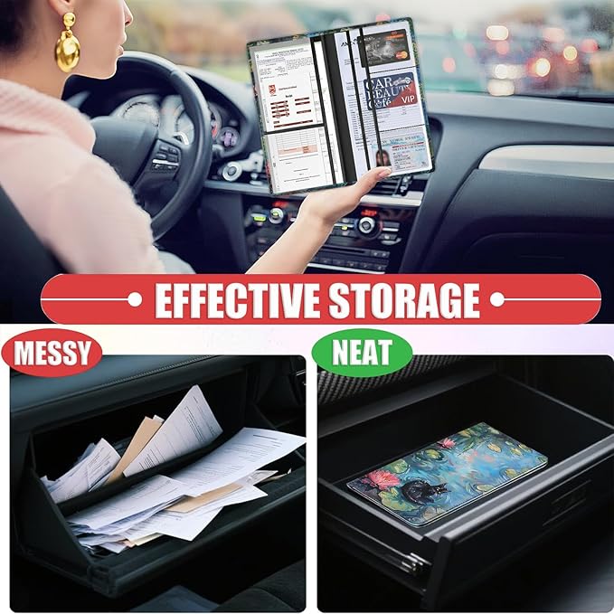 Car Registration and Insurance Card Holder for Women Men, Waterproof PU Leather Glove Box Car Organizer with Magnetic Shut, Vehicle Document Holder for Driver License,Cards, Black Cat in Water Lily