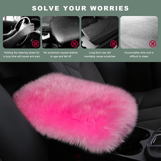 Furry Car Center Console Cover Pad, 11.8"×7.9" Auto Fluffy Plush Center Armrest Protective Cover, Comfortable Fuzzy Armrest Seat Box Protector Cushion for Cars Trucks SUVs (Dark Pink)
