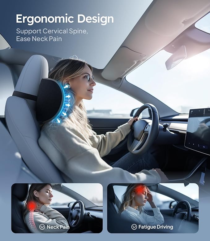 Wigoo 2026 Upgrade Car Neck Pillow [No More Pressure, Odorless] Soft Car Headrest Pillow with Adjustable Strap Removable Cover 100% Memory Foam, Fits All Vehicles (Gray 2-Pack)