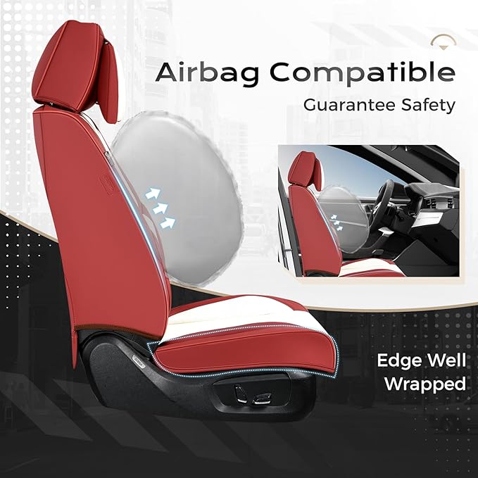 Coverado Seat Covers Full Set, 5 Seats Seat Covers for Cars, Waterproof Nappa Leather Car Seat Covers with Head Pillow, Seat Protectors Car Seat Cushion Universal Fit for Most Cars (Red&White)