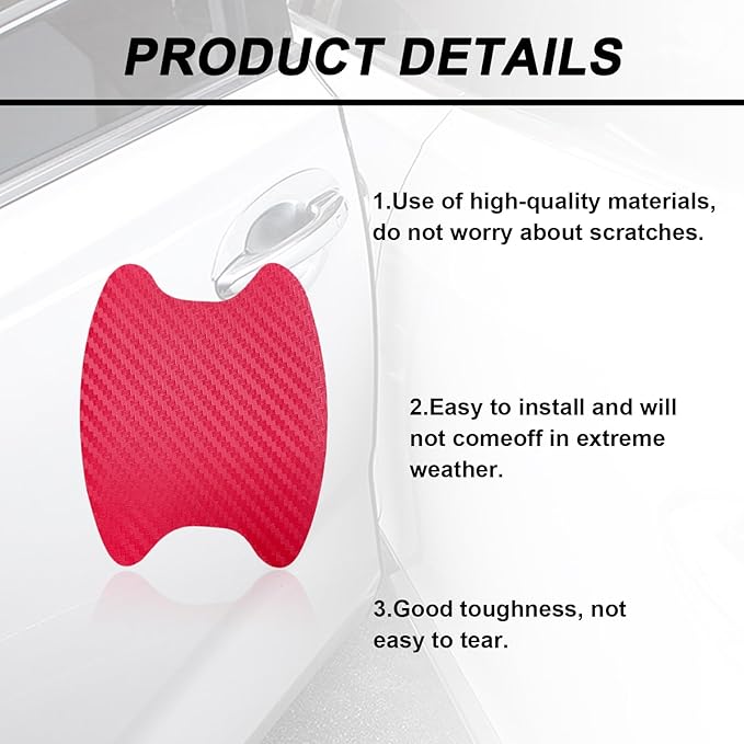 Kewucn 4PCS Car Handle Sticker, Carbon Fiber Auto Door Handle Protective Films, Anti-Scratch Vehicle Cup Protector, Universal Exterior Accessories for Most Cars (Red)