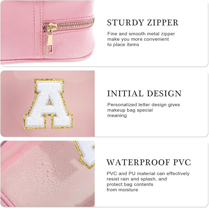 YOOLIFE Initial Travel Essentials Makeup Bag, Make Up Bag Skin Care Clear Toiletry Bag Pouch Cosmetic Bag Case Large Makeup Bag Personalized Pink Birthday Gifts for Women Teacher Mom Teen Friends V