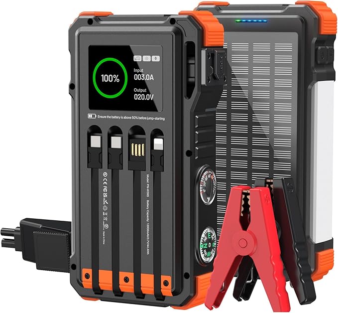 Solar Jump Starter, 5000A Peak 12V Car Battery Jump Starter for Up to 10.0L Gas & 6.0L Diesel Engines, Jumper Cables & Solar Power Bank, Car Accessories & Gift for Men, Husband, Dad, Organge