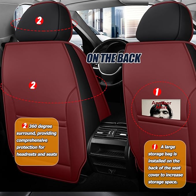Car Seat Covers for 2 Seats - Nappa Leather 3D Foam Back Support, Super Breathable, All Season Car Seat Cushion with Storage Bags, Universal Fit for Most Cars, Colour- Burgundy