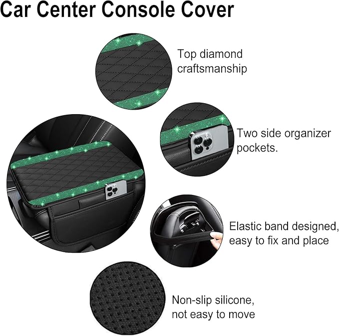 Bling Car Center Console Cover, Leather Car Arm Rest Cover Cushion with 2 Storage Bags, Universal Auto Armrest Protector Storage Box, Bling Accessories Interior for Most Vehicles (Green Diamond)
